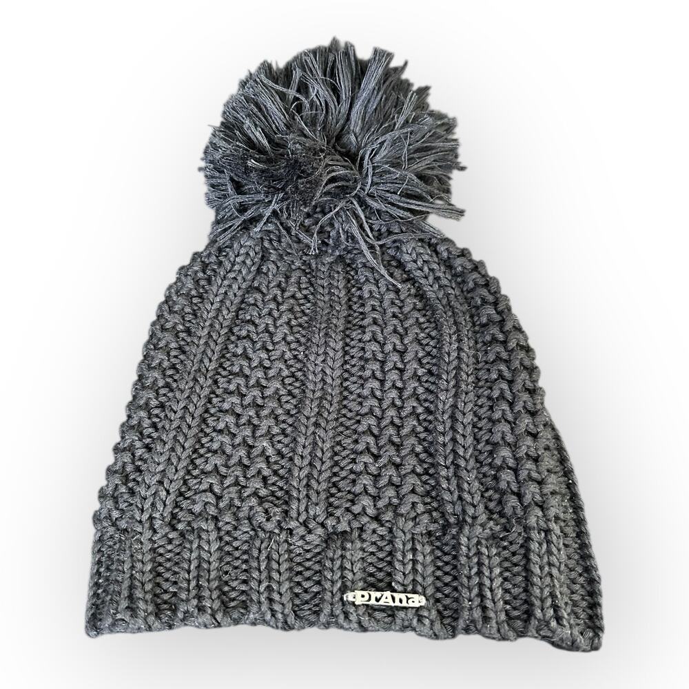 Prana Pammy 2 Beanie Knit Hat Pom Pom Black
